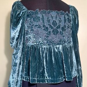 By Anthropologie Romantic Winter Turquoise Velvety Burn Out Pattern Peasant Top